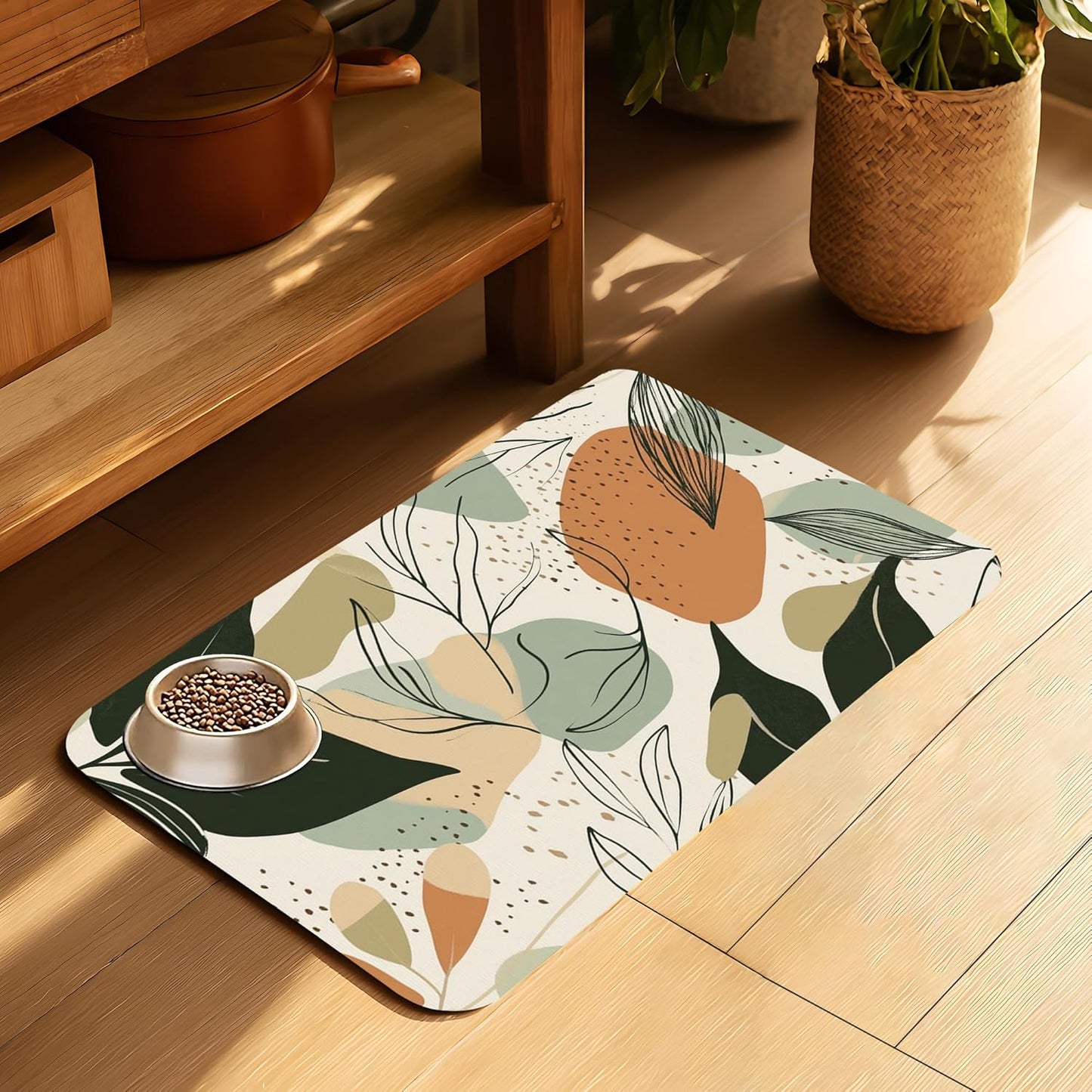 Abstract Boho Leaves Dog Food Mat-Absorbent Pet Feeding Mat for Food and Water Bowl, Quick Dry Dog Placemat with Rubber Backing-No Stains Pet Supplies for Messy Drinkers 12"x20"