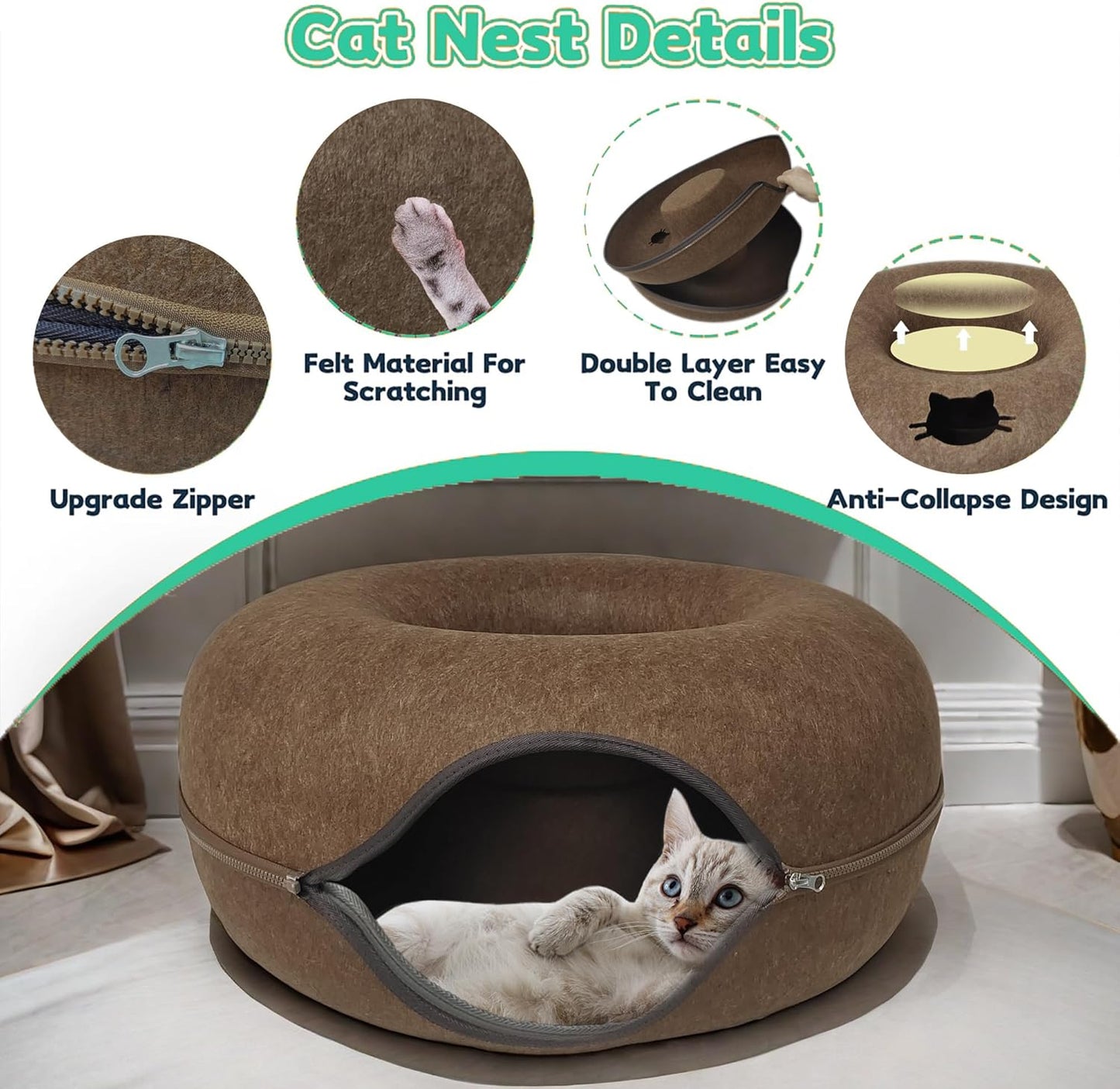 Donut Cat Tunnel Bed Peekaboo Cat Cave for Large Cats Up to 30 Lbs, Kitty Interactive Playing Tent House for Multiple Cats,Detachable,Scratch Resistant (Brown, Medium - 20 Inch Diameter)