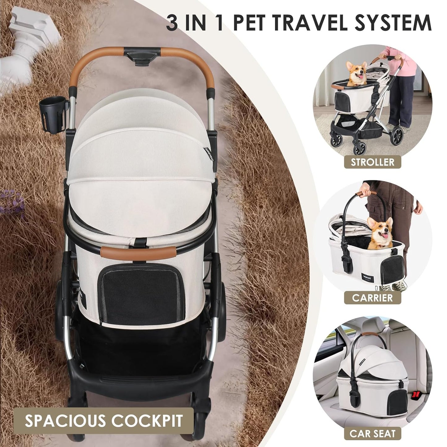T6 Luxury Pet Stroller for Medium Dogs Up to 66lbs or 2 Small Pets – 3-in-1 Dog & Cat Stroller with Removable Carrier, Foldable & Lightweight (Beige)