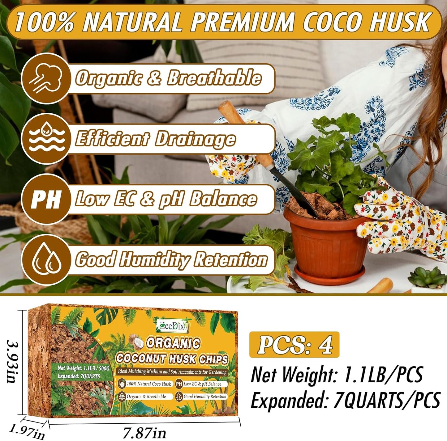 Zeedix 4 Pack Coco Husk Chips for Plants(4.4LB), 100% Organic Coconut Chips Mulch with Low EC & PH Balance, All Purpose for Indoor Plant Flowers Herbs Vegetables, Reptiles Terrarium Tanks Substrate