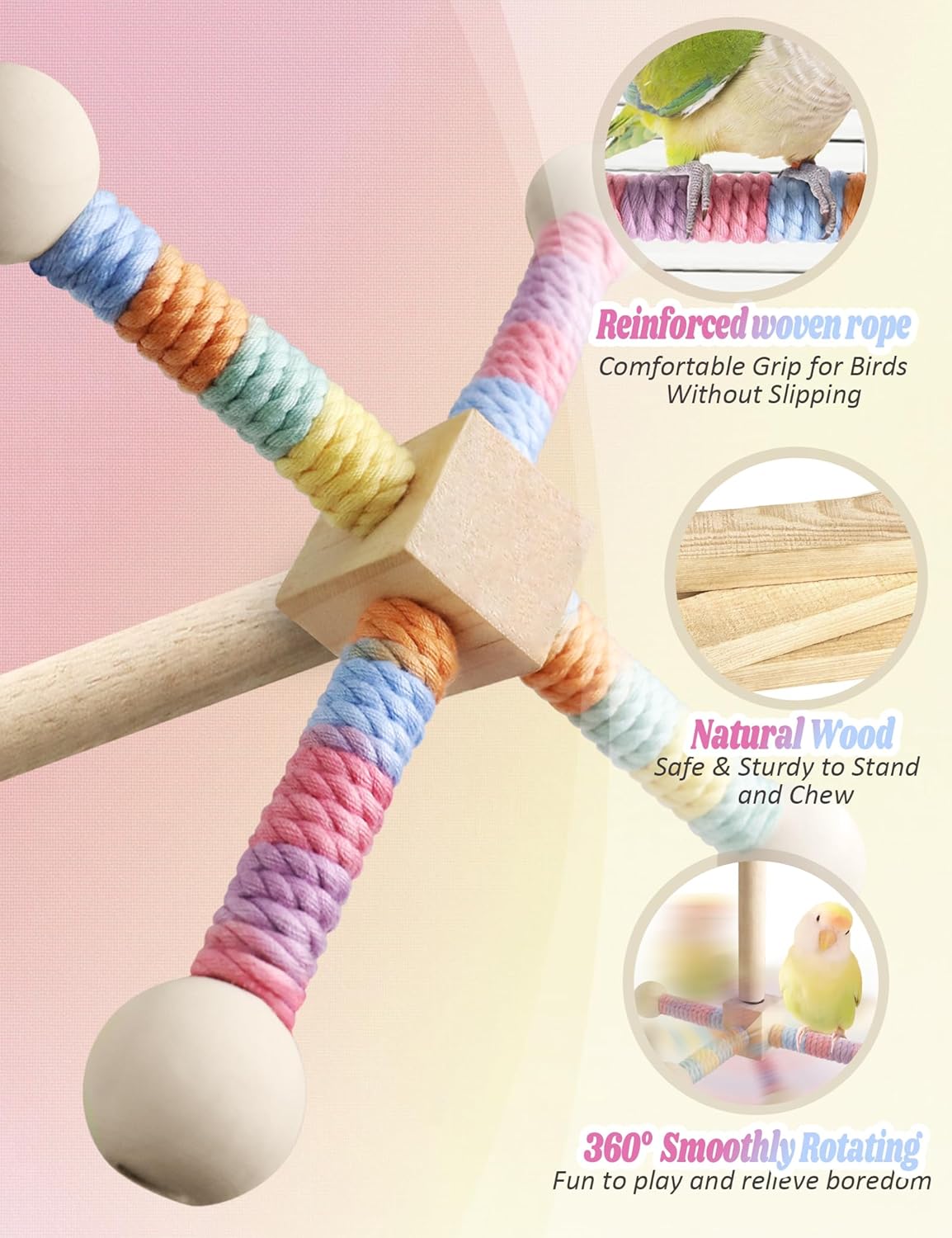 Bird Stand Perch Toy for Small & Medium Birds, 360° Rotating Natural Wooden Parrot Perchs for Bird Cages, Interactive Spinning Toy fo Parrot Parakeets Cockatiels Lovebirds Conures Finches Budgies