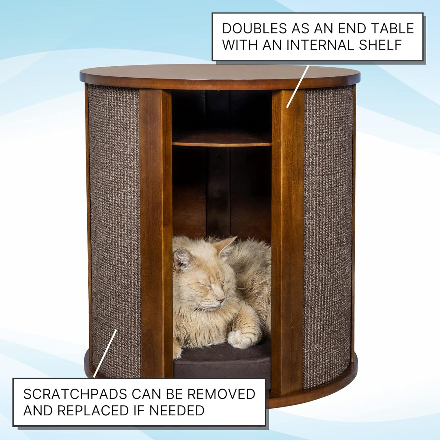 THE REFINED FELINE Purrrrfect End Table Cat Bed Cave in Mahogany Brown, Multipurpose Wood Cat Furniture Nightstand, Easy to Clean Covered Cat Bed with Replaceable Scratching Post & Washable Cushion