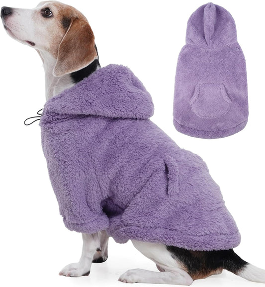 IDOMIK Fuzzy Dog Sweater with Adjustable Hood, Warm Fleece Dog Sweater Hoodie with Harness Hole & Pocket, Pullover Sweaters for Large Dogs, Fuzzy Hooded Sweatshirt for Fall Winter Christmas,Purple,XL