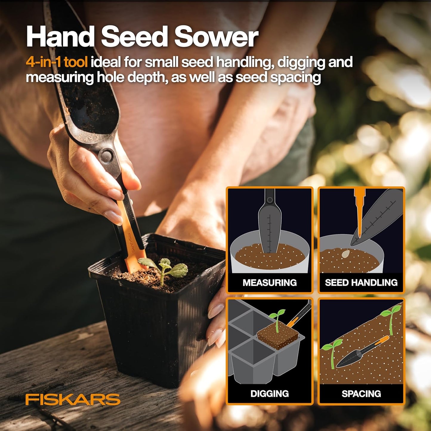 Fiskars Vegetable Garden Tool Set with Vegetable Shears, Seed Sower, Trowel, Cultivator, Weeder, and L/XL Garden Gloves for Indoor or Outdoor Gardening (6 Piece Kit), Gardening Gifts for Women