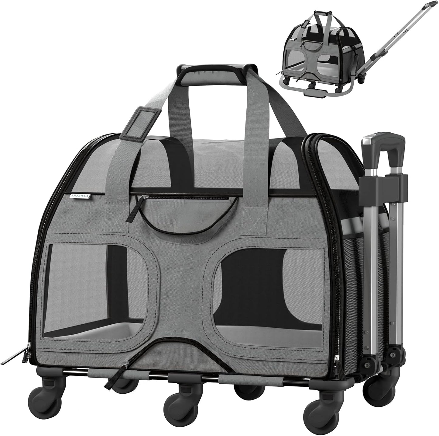 Katziela Pet Carrier - Airline Compliant Dog TSA for Small Dogs and Cats Soft FAA Travel Airplane Luggage (Gray/Black)