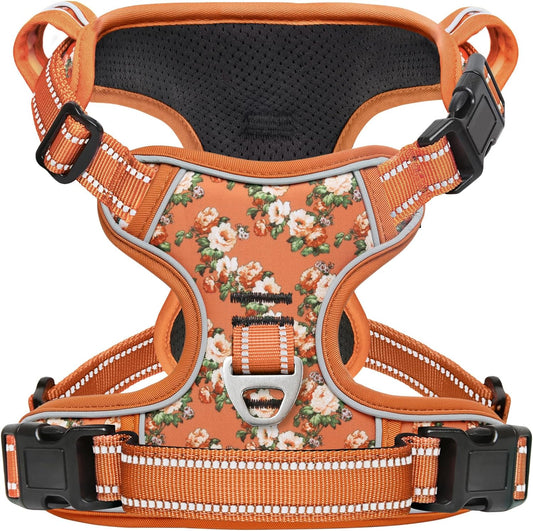 Timos Dog Harness, No Pull Dogs Harness 3 Snap Buckles Adjustable Reflective No Choke Pet Vest for Small Dog with Soft Padded Control Training Handle for Outdoor Training,Flower Orange, XS