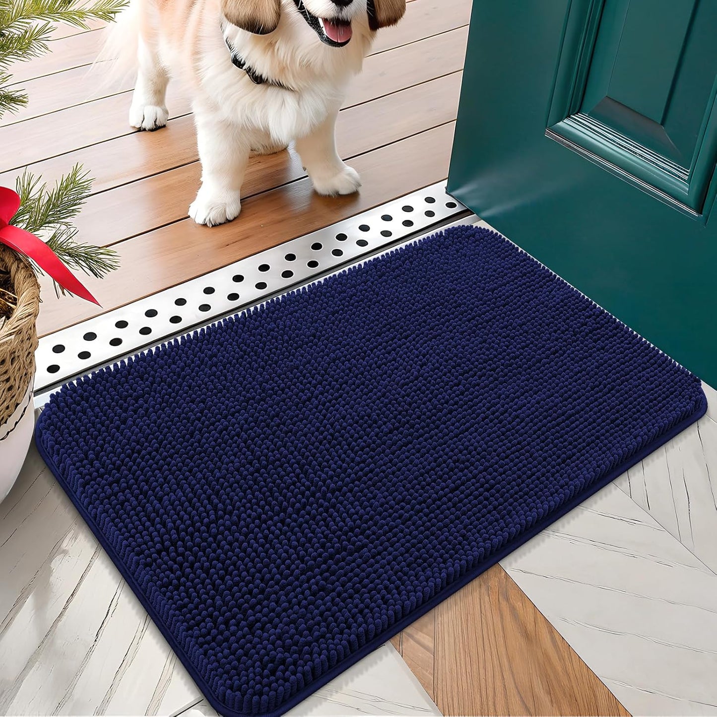 OLANLY Dog Door Mat for Muddy Paws 30x17, Absorbs Moisture and Dirt, Absorbent Non-Slip Washable Doormat, Quick Dry Chenille Mud Mat for Dogs, Entry Indoor Entryway Carpet for Inside Floor, Navy Blue