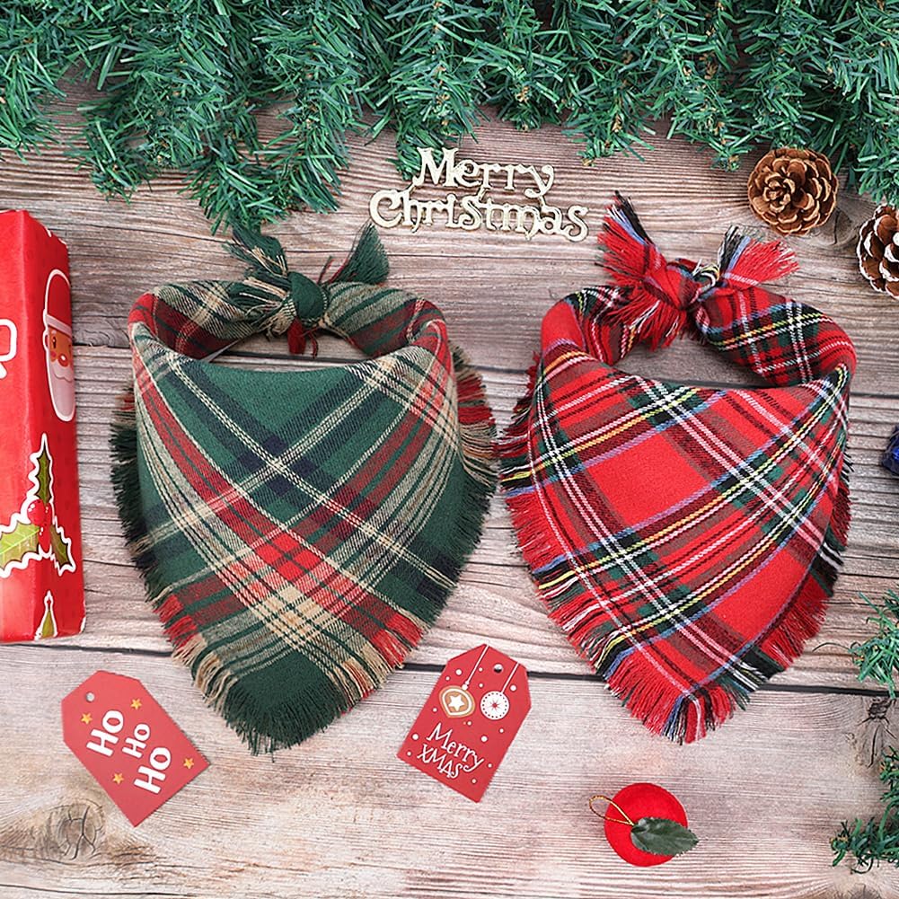 Vivifying Dog Christmas Bandana with Tassels Edges, 2 Pack Classic Plaid Triangle Pet Apparel & Accessories, Funny Holiday Dog Scarf Costume for Photo Prop, and Party Decor (Small, Red&Green)