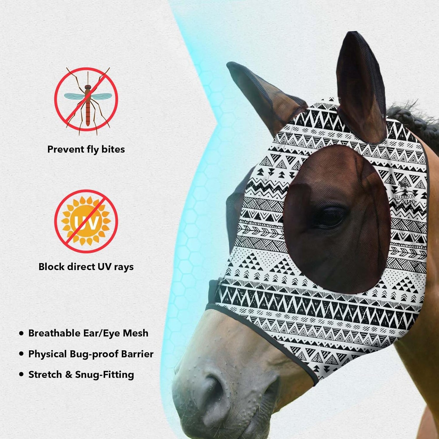 Harrison Howard Super Comfort Stretchy Fitting Horse Fly Mask with UV Protection Soft on Skin with Breathability Doodle Aztec Extra Full