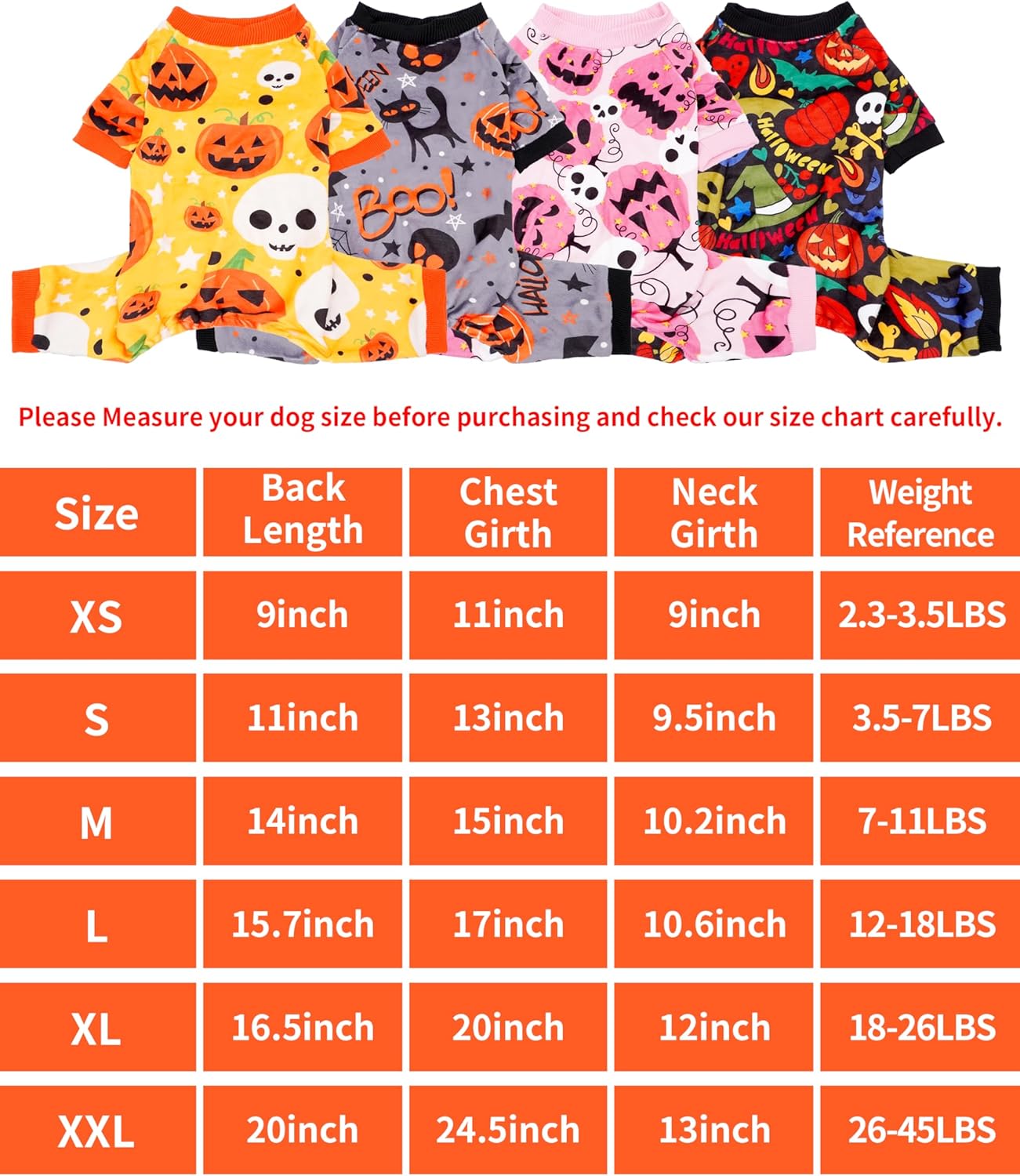 PET SHOW 4 Pack Halloween Small Dog Pajamas for Doggie Puppy Cats Kitten Onesies Pumpkin Ghost Soft Fleece Stretchy Jumpsuit Costume Boy Girl Pets PJs with Sleeve Clothes(S)