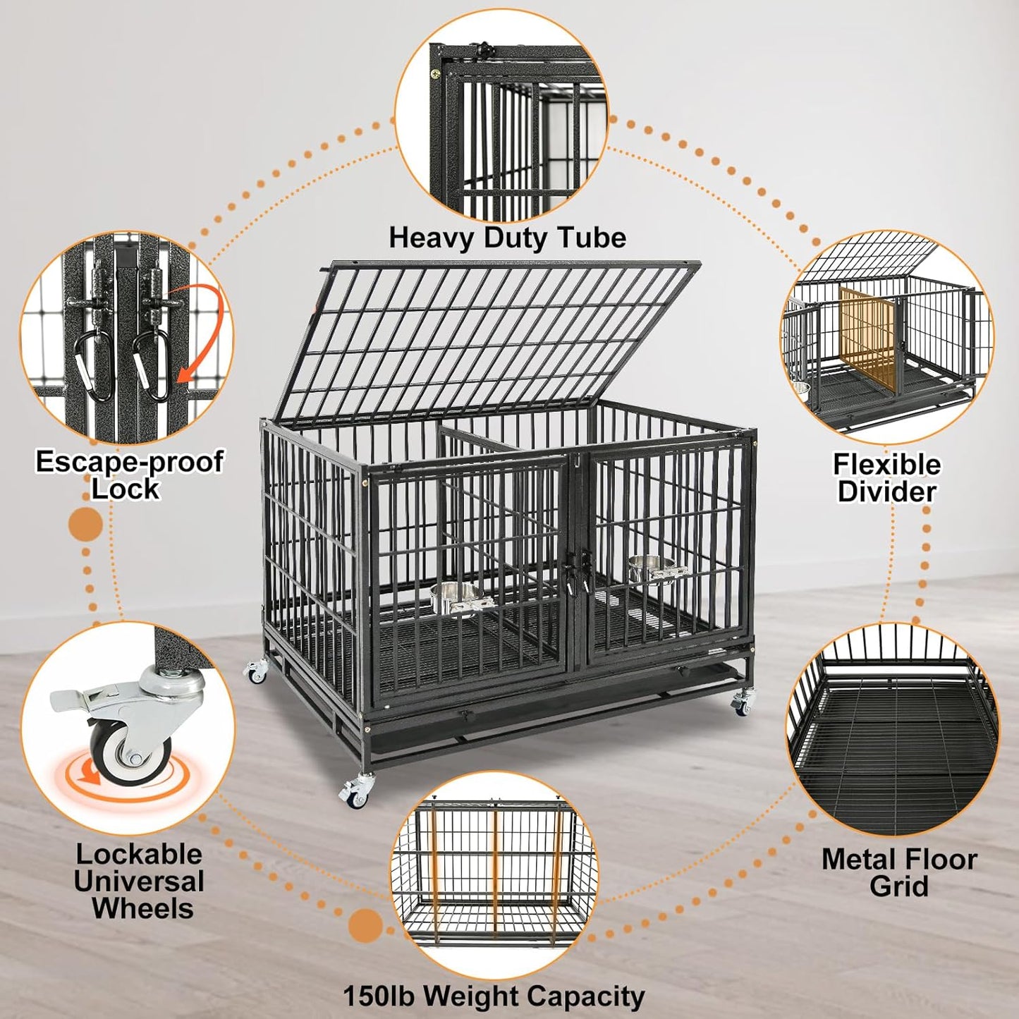 Homey Pet Three Tiers 43 inch Heavy Duty Dog Crate with Wheels, Stackable Indestructible Steel Dog Cage Kennel Indoor with Divider, Trays, Bowls, Escape Proof Locks for Breeder and More