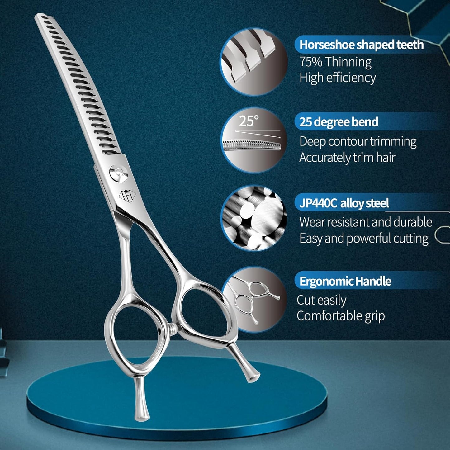 FENICE Professional Pet Grooming Scissors, JP440C Alloy Steel, Curved Chunker with Horseshoe Teeth, 75% Thinning (6.5")