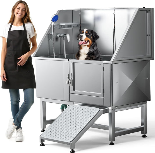 DWVO Professional Pet Dog Bathing Station for Grooming, 50'' Dog Grooming Bathtub with Right Ramp, Floor Grate, Faucet, Showerhead & Soap Holder for Large, Medium & Small Pets