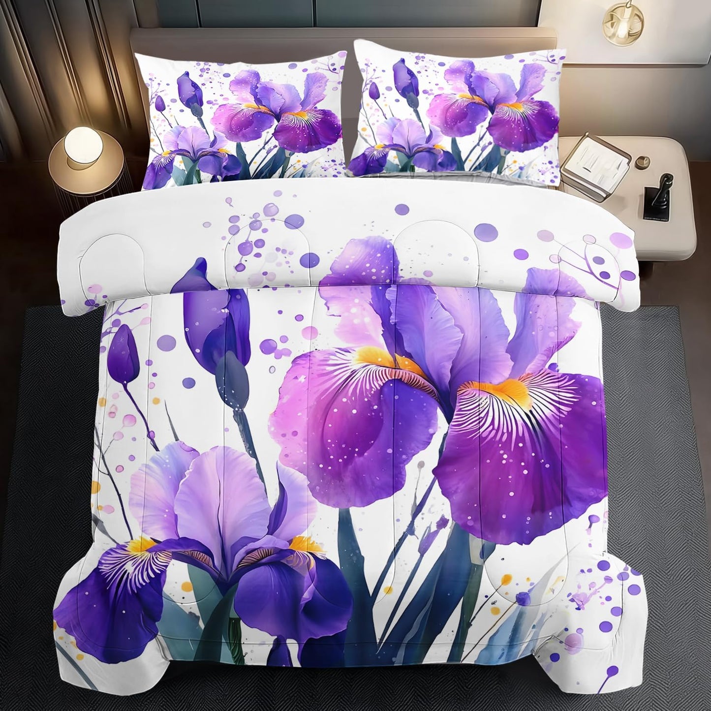 Purple Floral Comforter Set Queen Size Woman,Purple Iris Comforter for Girls,Pink Flower Bedding Set Queen Bedroom Decor,Floral Bedding Quilt Bed Decor Pink for Kids and Adults