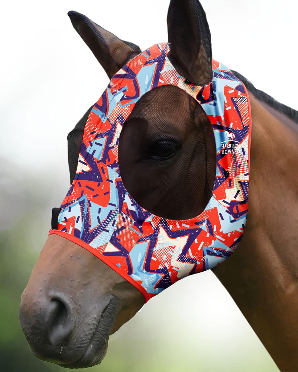 Harrison Howard Super Comfort Stretchy Fitting Horse Fly Mask with UV Protection Soft on Skin with Breathability Orange Geo Print Full Size