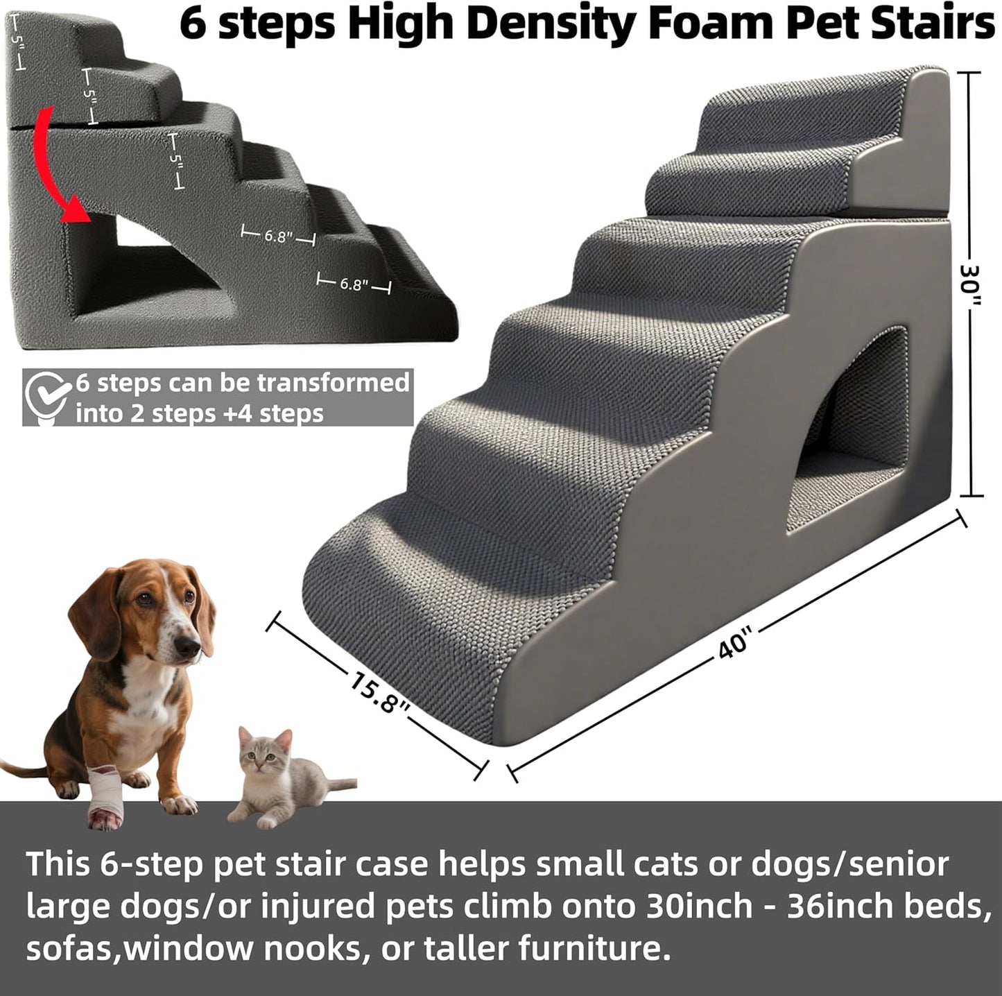 6 Step Pet Stairs Ramp for High Beds Sofas 18-36 Inch, Non-Slip Dog Stairs for Small Old Medium Large XL Dogs Cats, Sturdy 75 Pounds 33D Foam Balanced 6-Tier Ladder with Machine Washable Cover