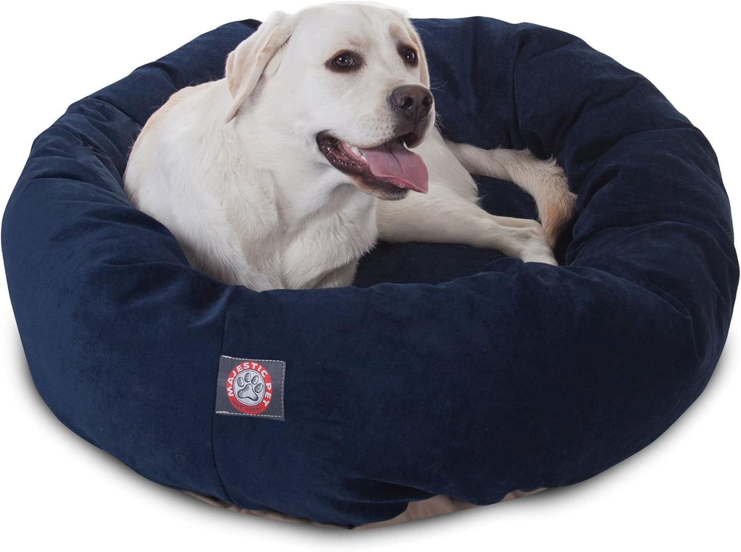 Majestic Pet 40 Inch Micro Velvet Calming Dog Bed Washable – Cozy Soft Round Dog Bed with Spine for Head Support - Fluffy Donut Dog Bed 40x29x9 (inch) – Round Pet Bed Large – Navy