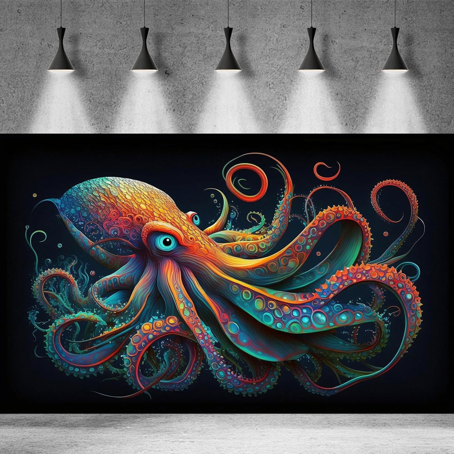 Octopus Aquarium Background Abstract Colorful Octopus Terrarium Background Glowing Octopus on Black Background Fish Tank Backdrop Poster Wallpaper Decorations Vinyl 24x12in