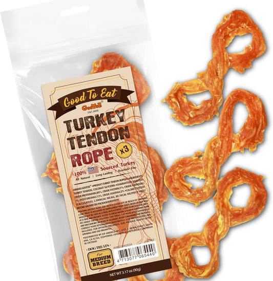 Gootoe Turkey Tendons for Dogs –All-Natural, Hypoallergenic Dog Treats, Rawhide Alternative, Long Lasting Puppy Chews, Healthy Dog Treats for Medium Breeds, Rope (M), 3 Count Pack