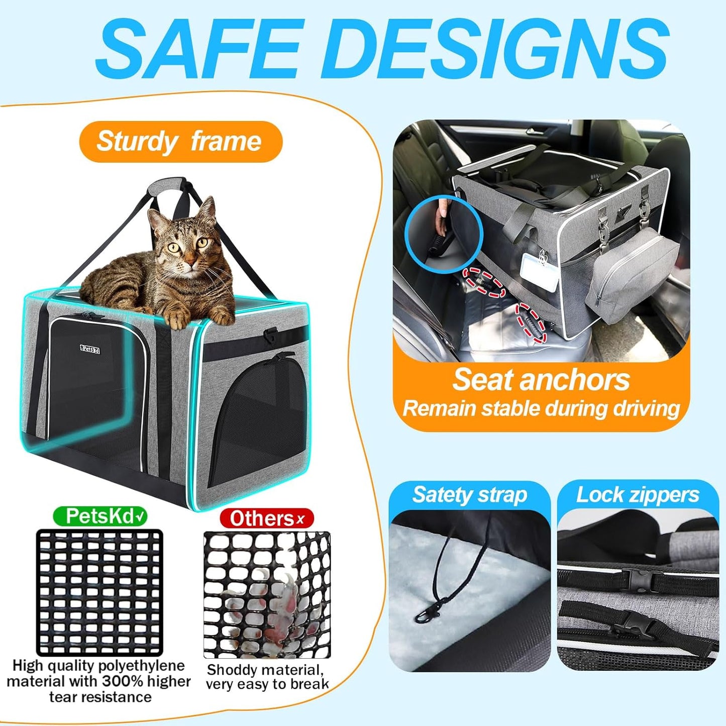 Petskd Extra Large Cat Carrier with Wheels and Litter Box 24"x17"x17" for Large Cat or 2 Small Cats, Collapsible Soft Sided Pet Carrier for Car Travel with Lockable Safety Zippers(Grey)