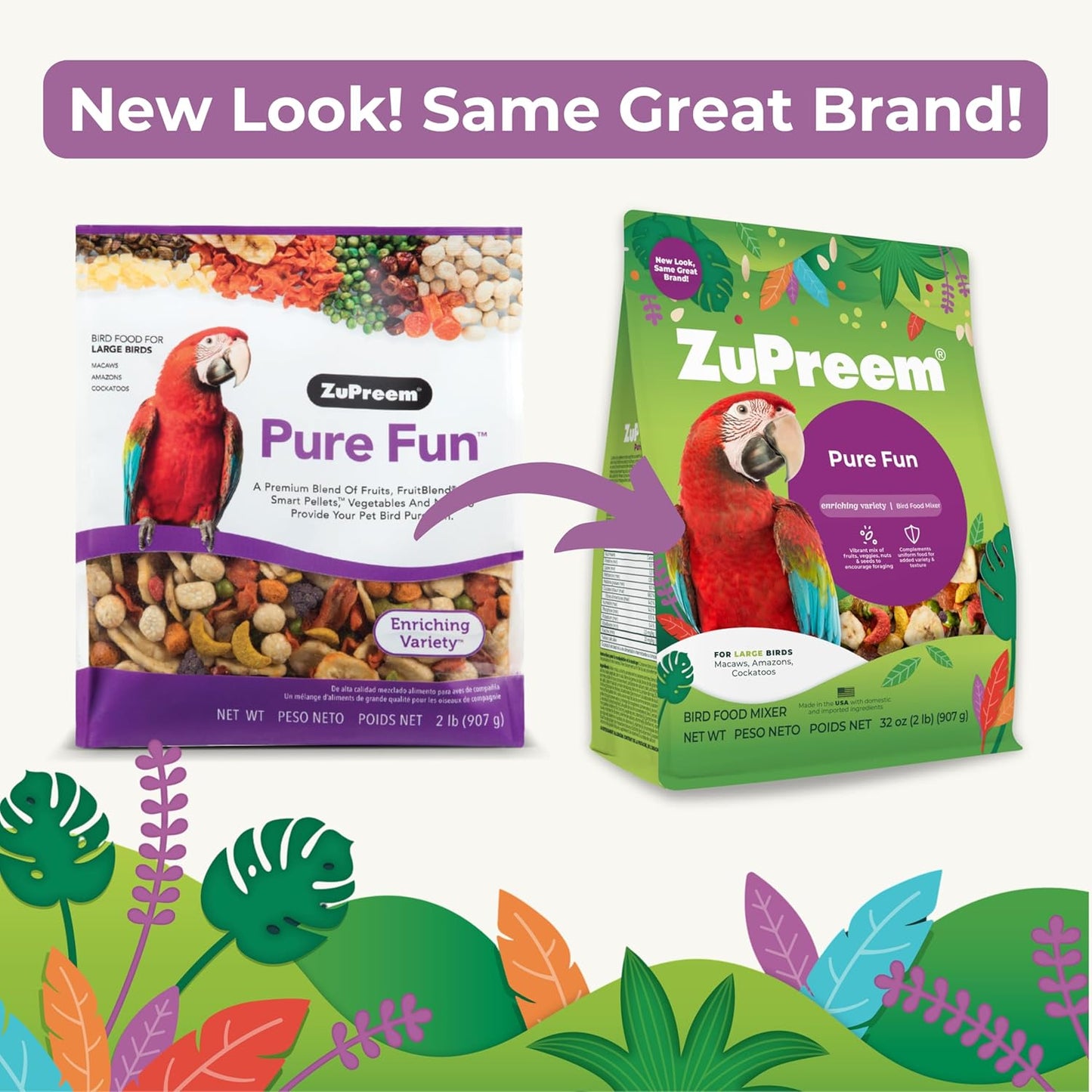 ZuPreem Pure Fun Bird Food, Amazon, Cockatoo, Macaw, Seed and Pellet Blend for Large Birds, Food Mixer Topper, Enriching Variety, Made in USA, Bird Seed for Large Birds (L, 2 lbs)