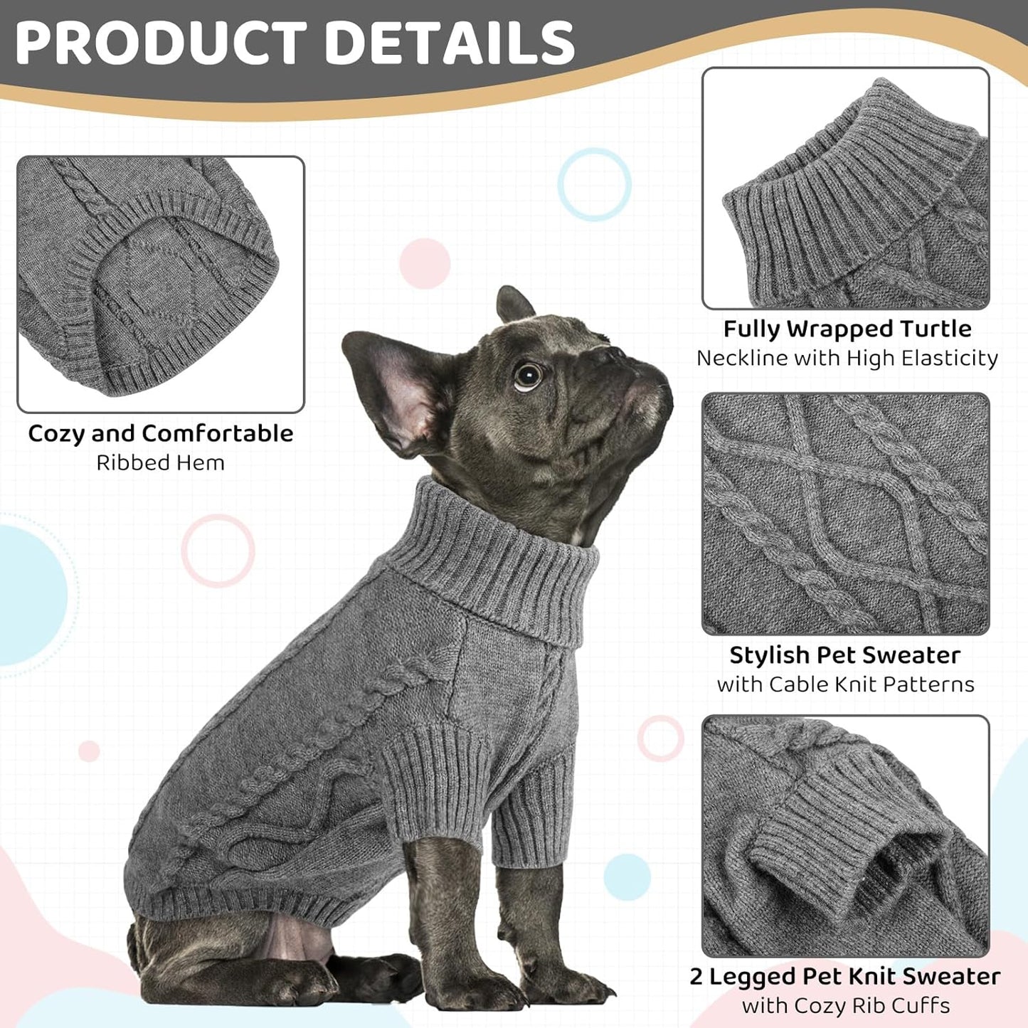 Queenmore Small Dog Pullover Sweater, Cold Weather Cable Knitwear, Classic Turtleneck Thick Warm Clothes for Chihuahua, Bulldog, Dachshund, Pug (Slate Grey, X-Small)