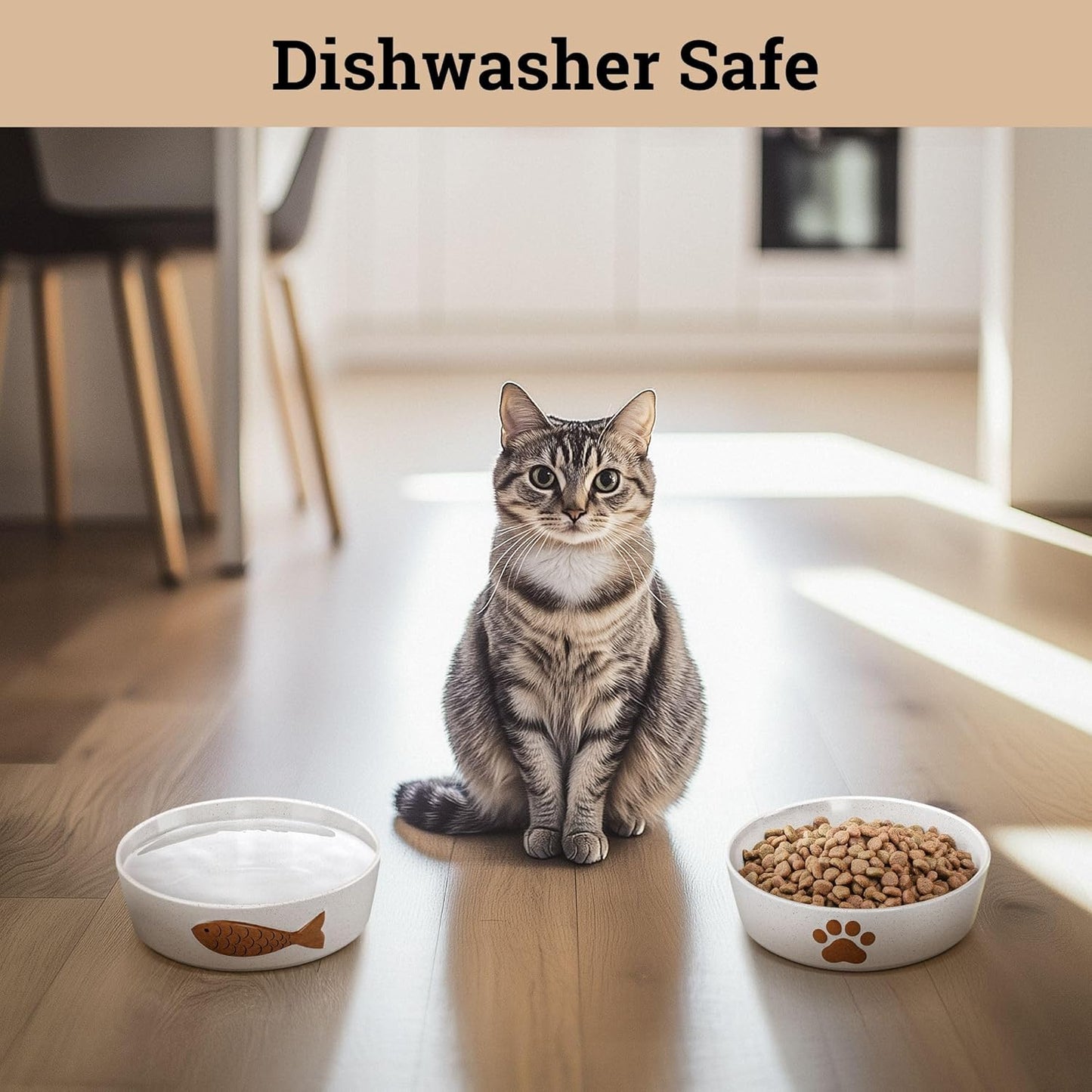 Ceramic Cat Bowls Whisker Friendly - Ceramic Cat Bowl Set of 2 Cute Designs with Anti-Slip Bases - Dishwasher & Microwave Safe Food and Water Bowls for Cats - Dishes for Cats - Kitten Food Bowl Set