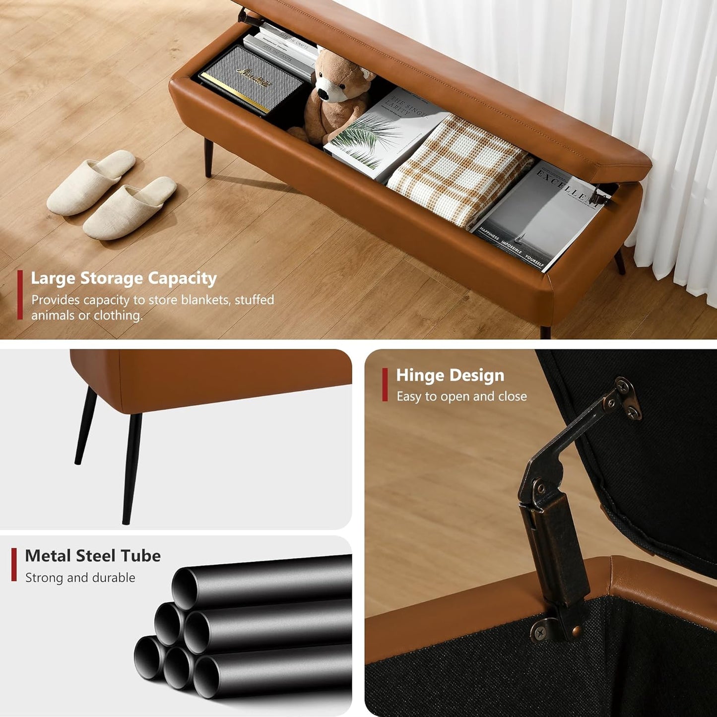 Leather Storage Ottoman Bench,End of Bed Bench for Living Room Bedroom Dinning Room Entryway,Mid-Century Modern,Faux Leather,with Steel Legs,Safety Hinges,Loads 660 lb (Without Button, Brown)