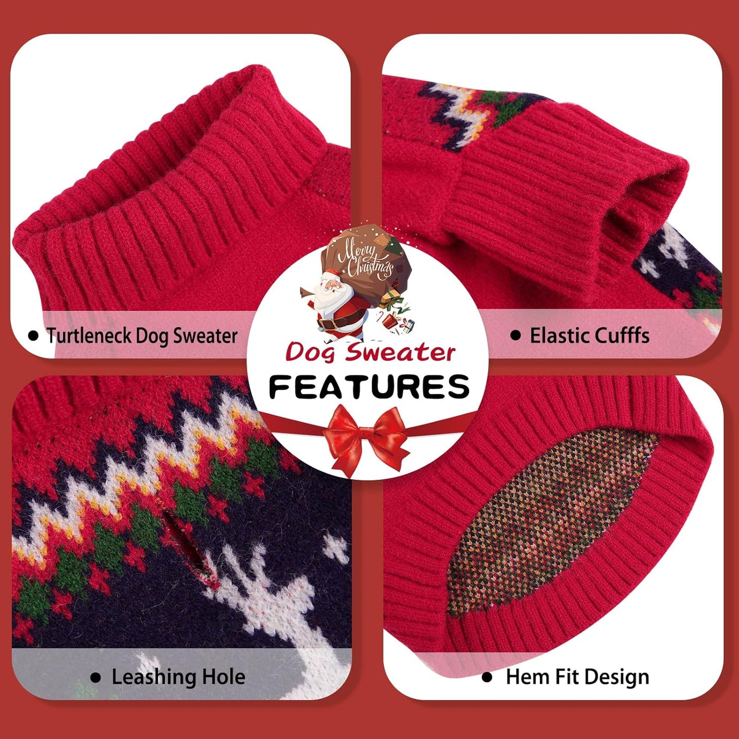 Queenmore Christmas Dog Sweater,Knitted Pullover Christmas Clothes,Turtleneck Dog Xmars Outfit, Warm Pet Sweaters for Small Dogs Boys or Girls M