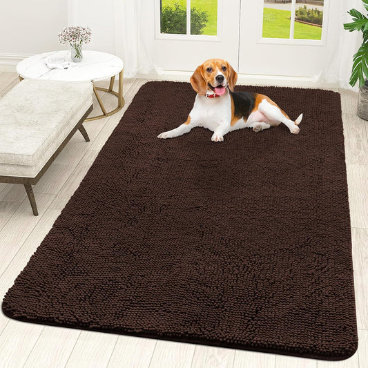 OLANLY Dog Door Mat for Muddy Paws 59x35, Absorbs Moisture and Dirt, Absorbent Non-Slip Washable Doormat, Quick Dry Chenille Mud Mat for Dogs, Entry Indoor Entryway Carpet for Inside Floor, Brown