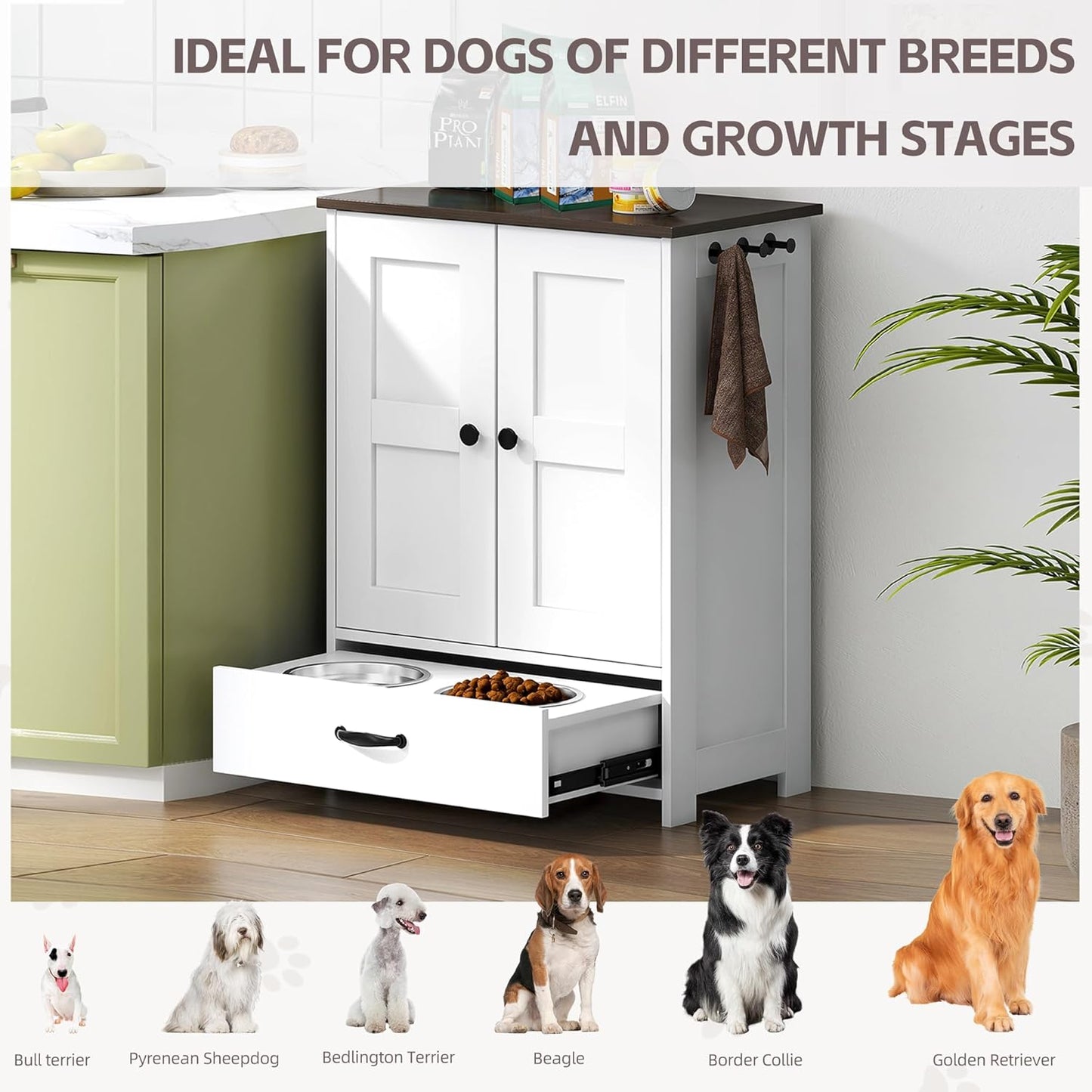 Pet Feeding Station, Dog Feeding Station, Dog Food Storage Cabinet, Pet Food Toy Organiser with 2 Elevated Bowls and Hook for Feeding and Drinking, White