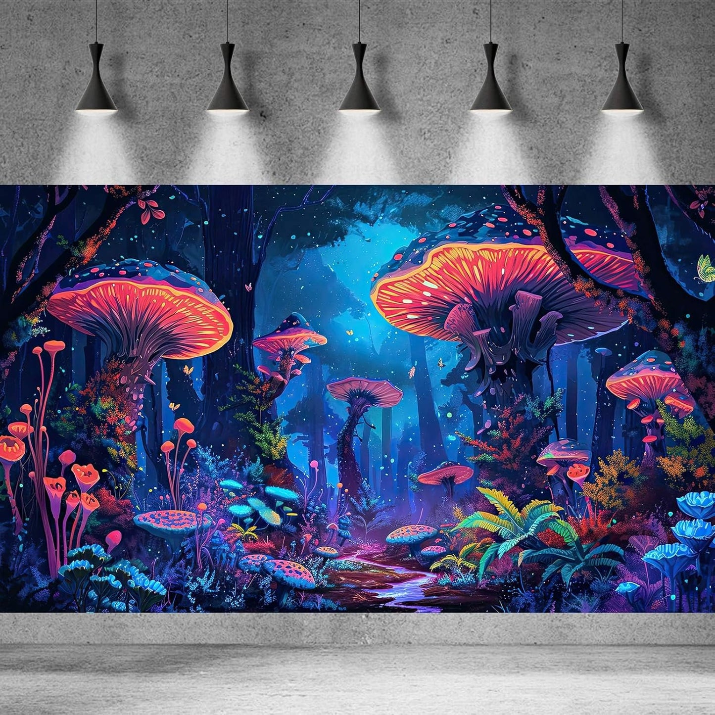 Mushrooms Aquarium Background Fantasy Bright Flowers Butterflies Fish Tank Backdrop Decoration Poster Trippy Wonderland Landscape with Giant Mystical Mushrooms Terrarium Background Decor 36x18in