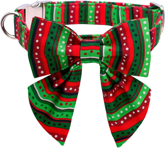 Lionet Paws Christmas Dog Collar with Bowtie, Dog Sailor Bow Collar with Metal Buckle for Dogs, Adjustable Comfortable Dog Collar Girl Gift, M, Neck 13.5-22 in
