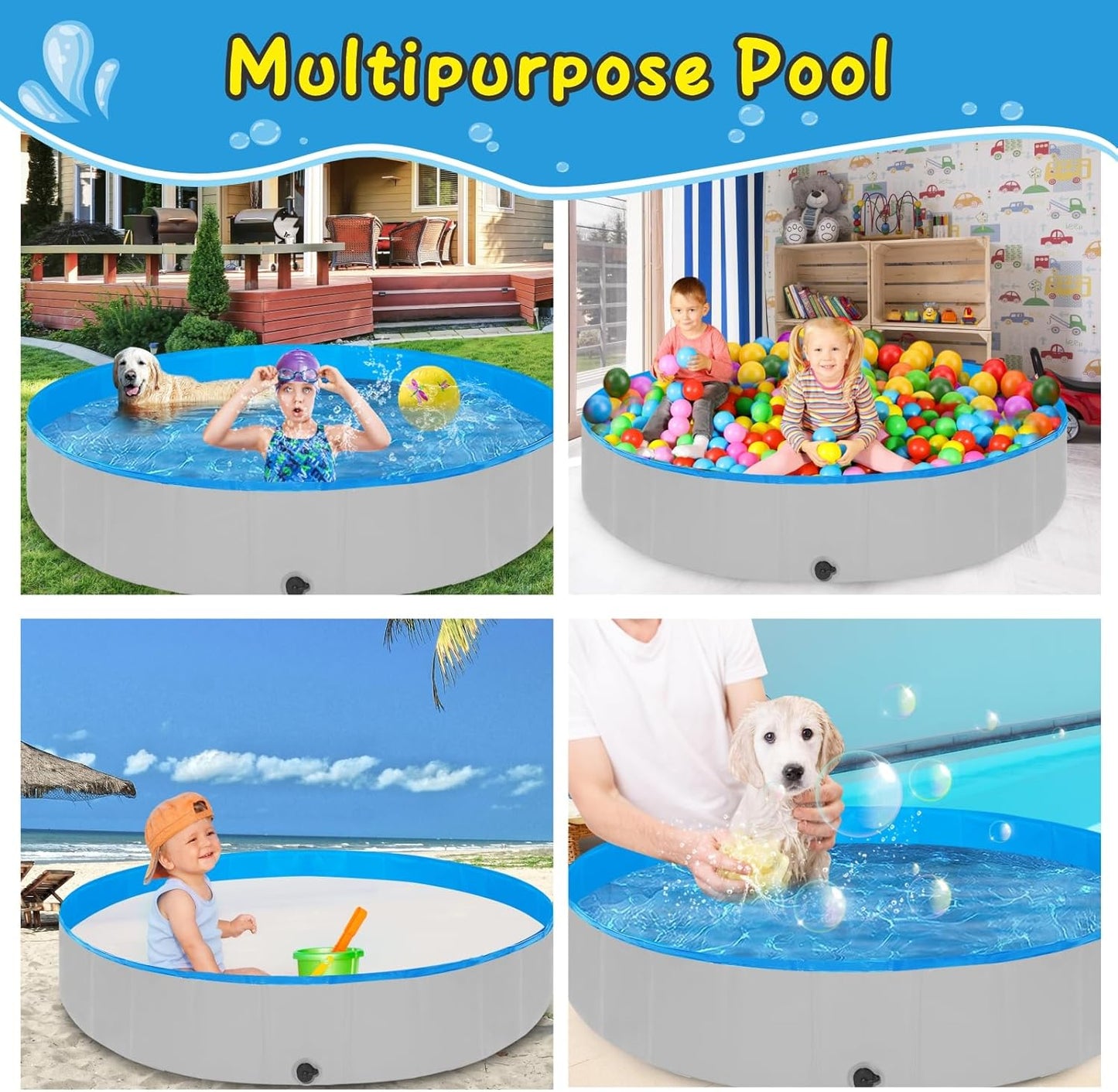 Foldable Dog Pool for Large Dogs, 87"x16" Kiddie Pool Hard Plastic Dog Swimming Pool Portable, Collapsible Dogs Wading Pools & Bathing Tub, Outdoor Cooling for Pets Kids & Adult