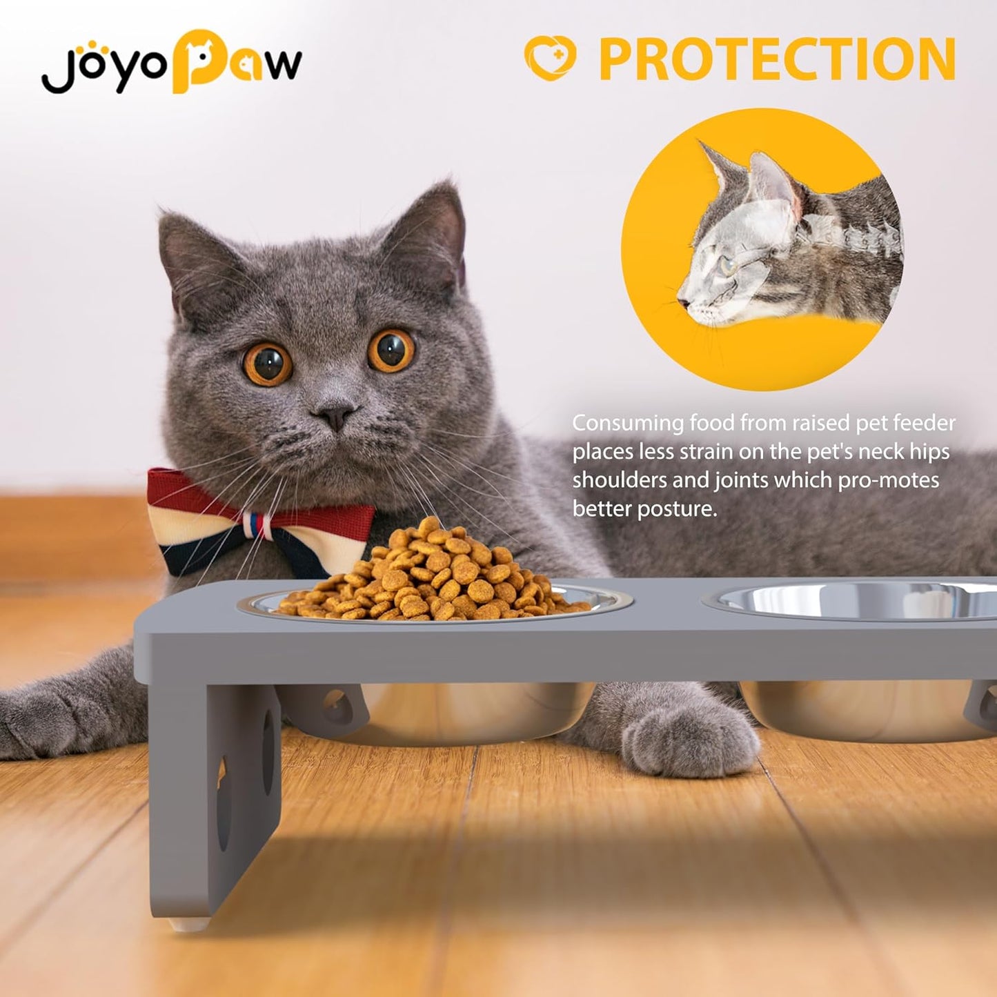 Elevated Dog Bowls, Bamboo Raised Dog Bowl for Small Dogs & Cats, with 2 Stainless Steel Bowls (4'' Tall-20oz Bowl, Grey)