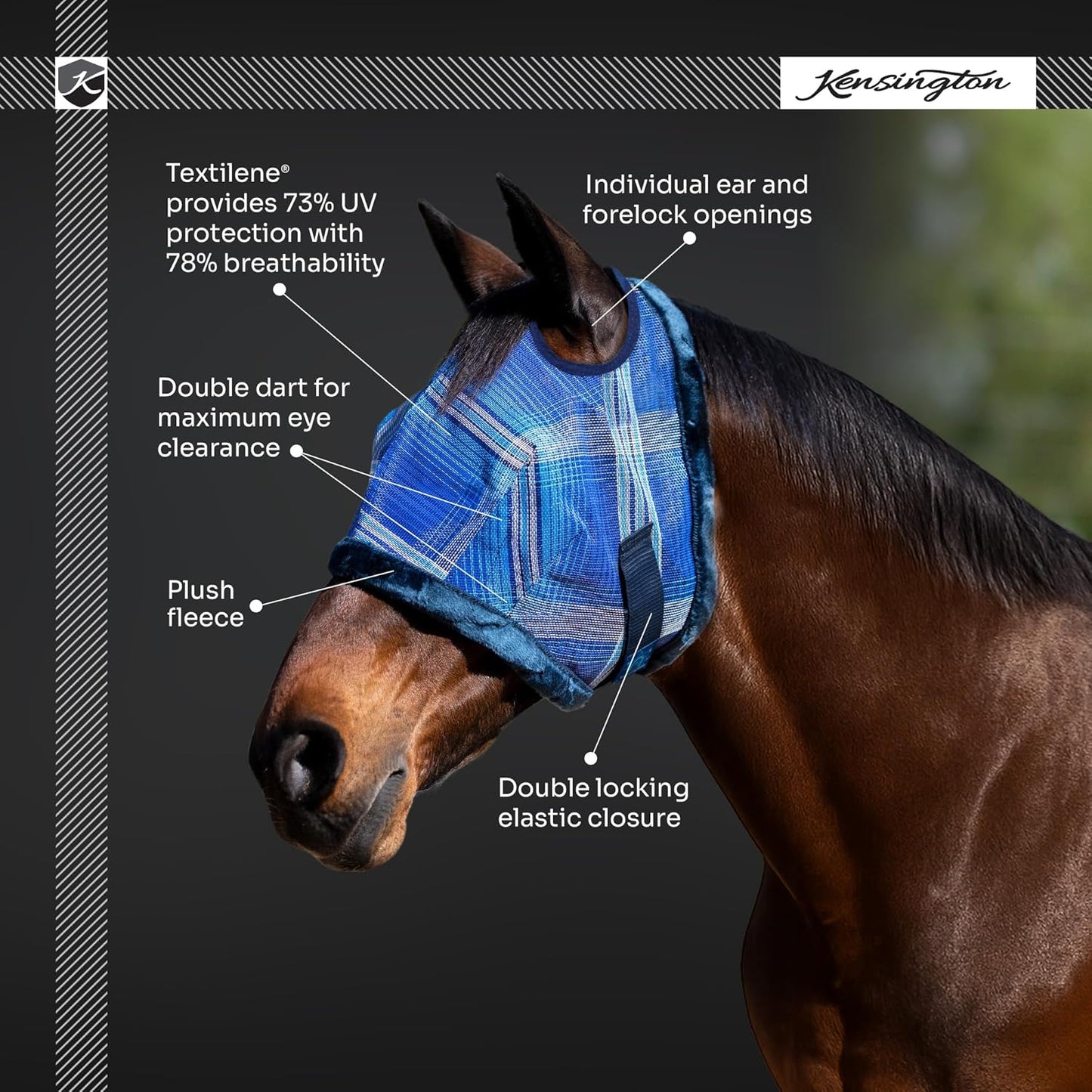 Kensington UV Fly Mask with Fleece Trim - Protective Mask with Dual Ear Opening & Forelock Freedom - Large, Atlantis