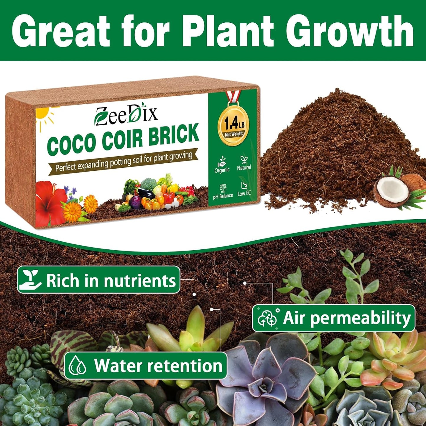 ZeeDix 12 Pcs Premium Coco Coir Brick- Natural Compressed Coconut Coir Bricks Coco Coir Fiber Potting Soil with Low EC and pH Balance, 100% Organic Coconut Coir for Plants Gardening Herbs Reptiles