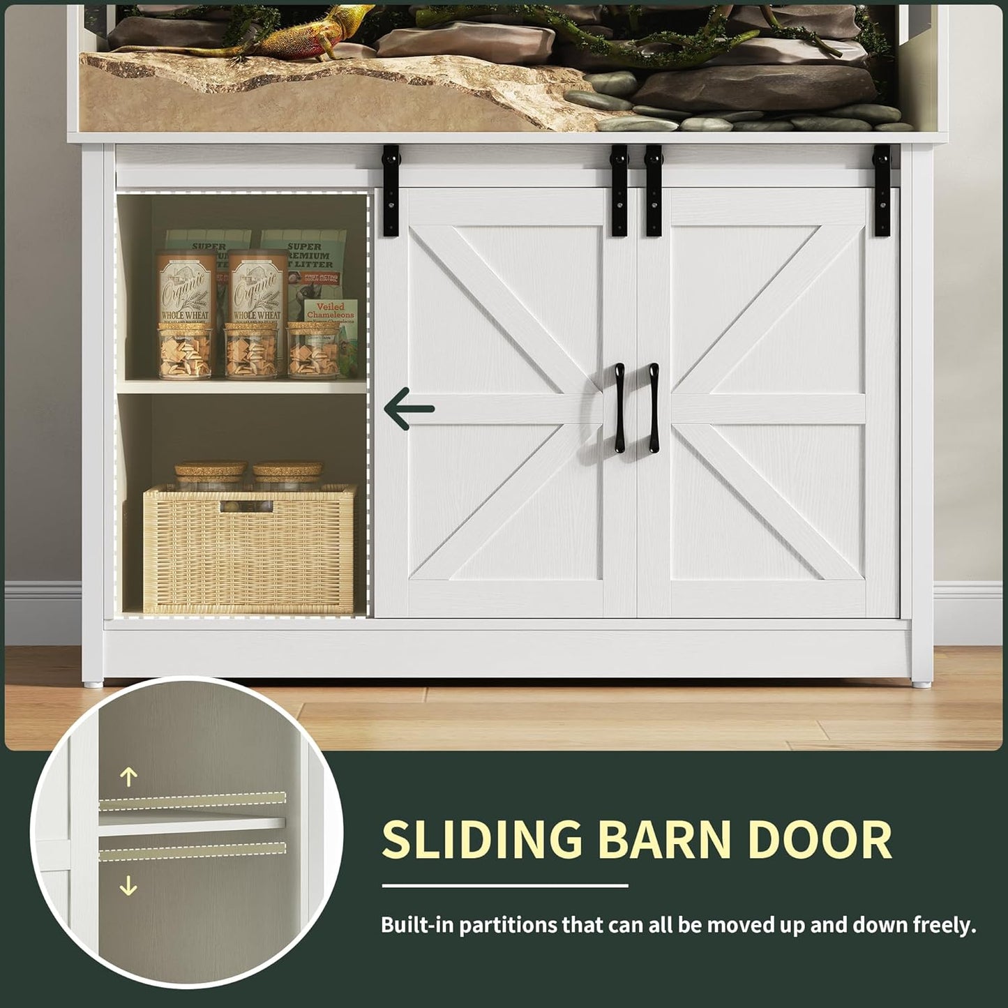 120 Gallon Reptile Terrarium with Stand, 4x2x2 Bearded Dragon Enclosure for Snakes Lizards, Large Vivarium Tank with Storage Cabinet, Acrylic Doors, Mesh Lid, Power Outlet White PX04RTWW