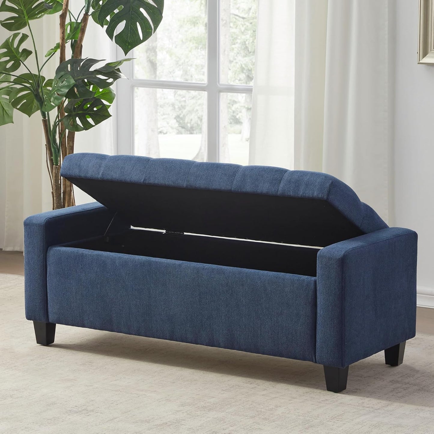 Ottoman with Storage, 48.8" Fabric Storage Ottoman Bench with Hinge, Bedroom Bench, Upholstered Benches with Seating for Living Room, Entryway (Dark Blue)