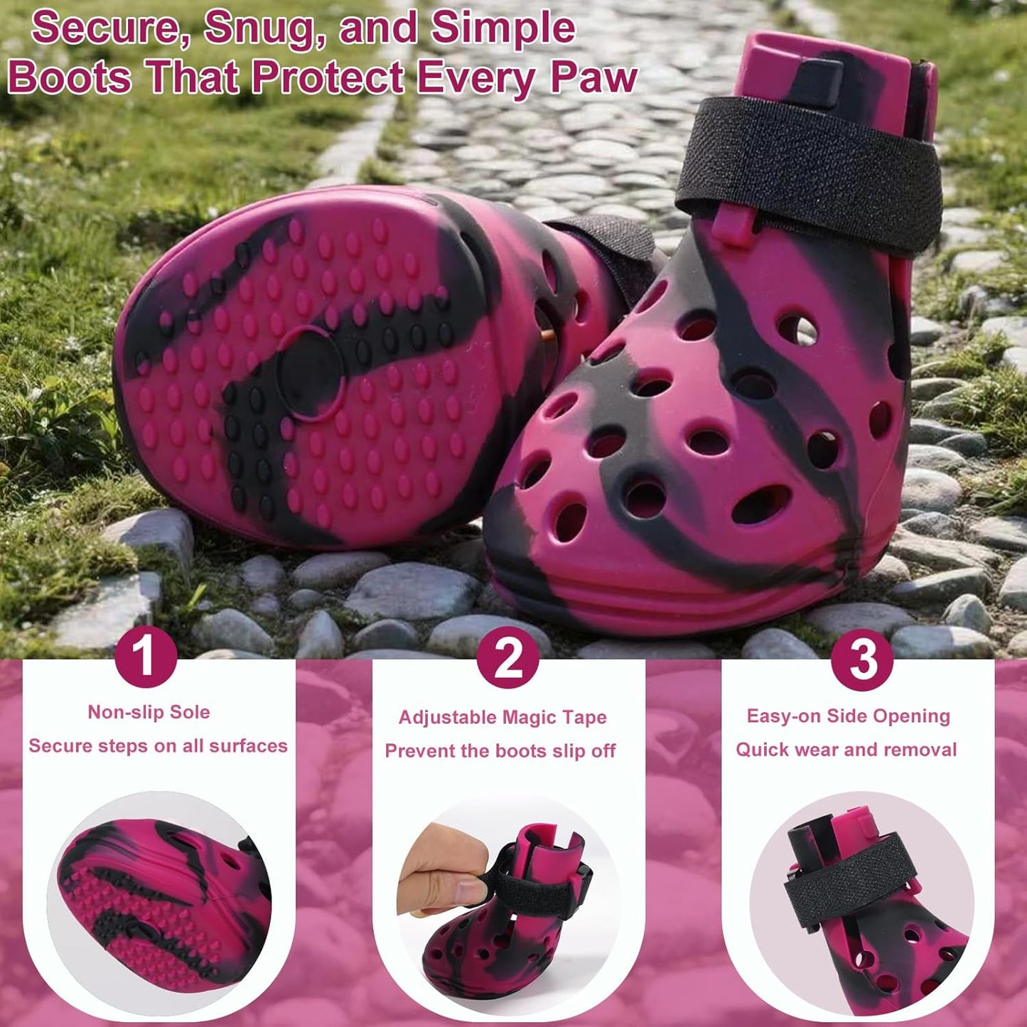 Dog Shoes for Hot Pavement and Snow, Silicone Dog Booties for Small Medium Large Dogs, Waterproof Paw Protectors- Non-Slip, Adjustable Straps, Dog Boots for Beach/Rain/Hiking (Black Pink, M)