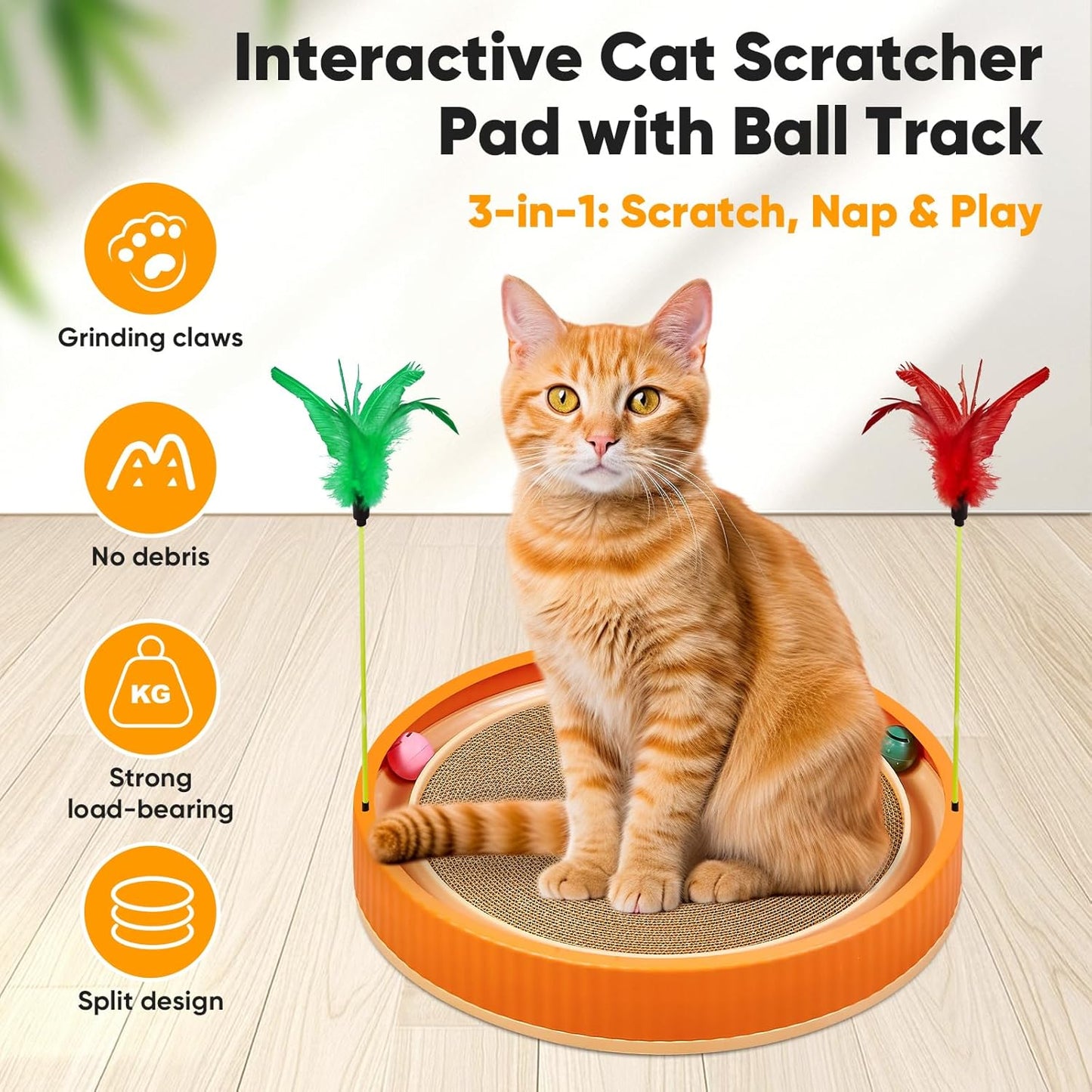 20-Inch Round Cat Scratcher with Ball Track – 3-in-1 Cardboard Cat Scratching Pad with Feather Toys, Non-Slip Base – Interactive Cat Toy for Indoor Cats, Kitten Scratch Play Lounge Board (Orange)
