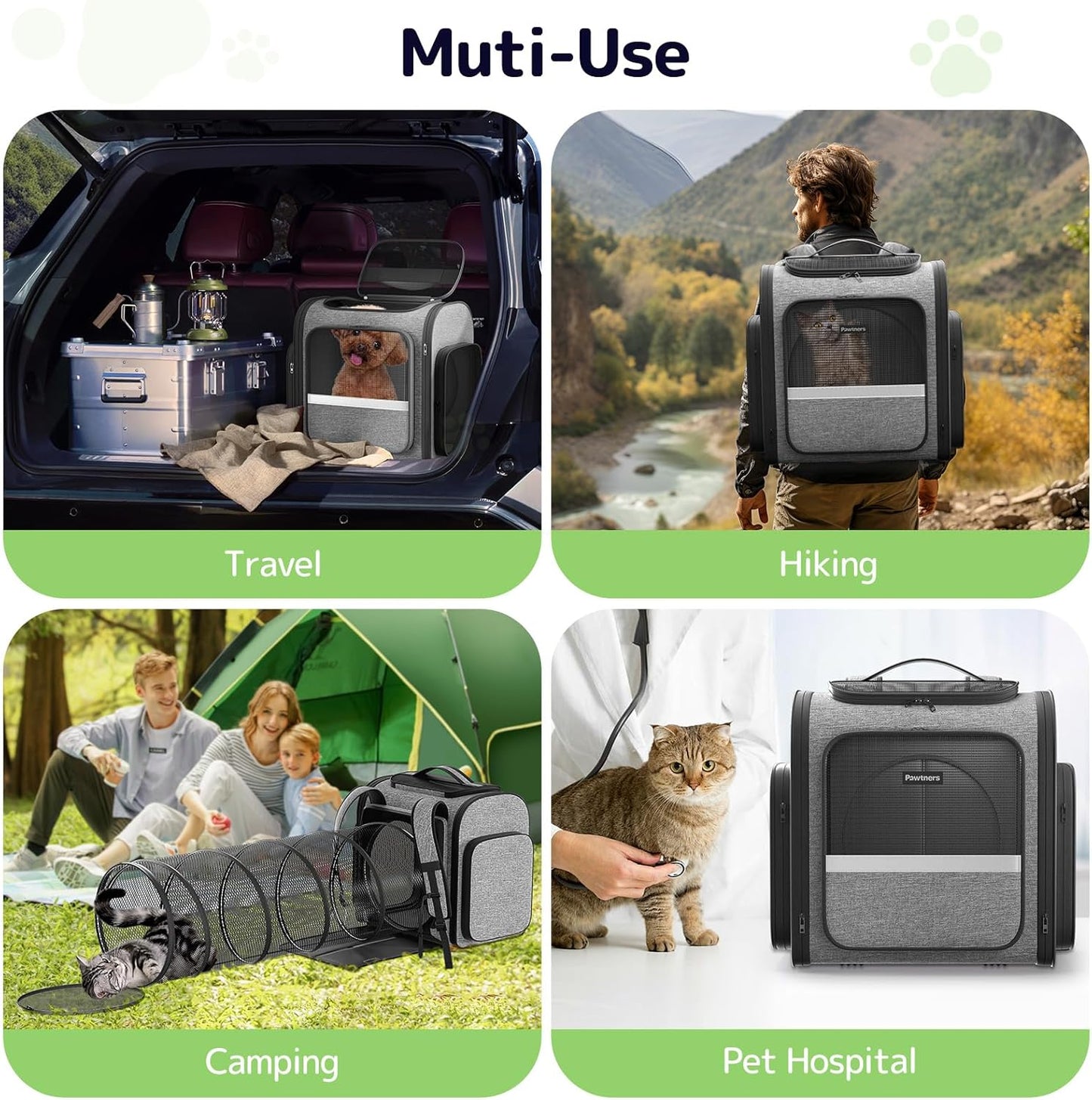 Pawtners Cat Carrier Backpacks Expandable Cat Backpack with Breathable Mesh, Pet Carrier Backpack for Cats Small Dogs Puppies Up to 18 Lbs, Dog Carrier Backpack for Travel Hiking Camping Outdoor