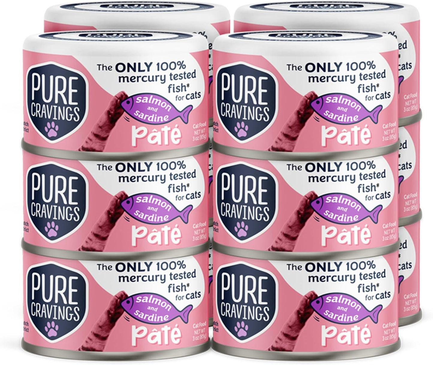 Salmon and Sardine Pate, Canned Wet Cat Food, 100% Mercury-Tested, Moist Can Fish, Grain-Free Protein, Non-GMO, 12 Pack