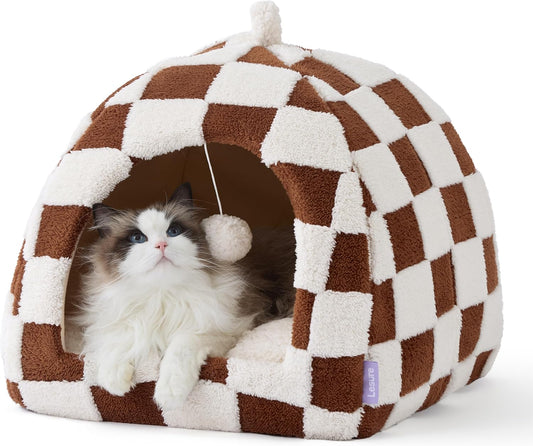 Lesure Cute Cat Beds for Indoor Cats - 2 in 1 Cat Cave Bed for Large Cats, House with Removable Washable Cushioned Pillow, Cozy Tent House with Non-Slip Bottom, Brown, 17.3 inches