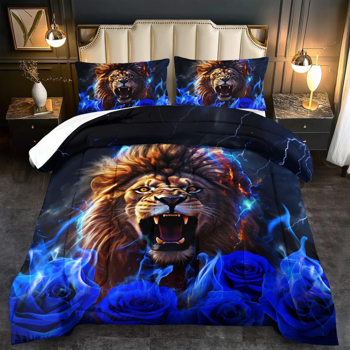 Lion Blue Comforter Set Queen,Lion Bedding Set Boys,Animal Print Comforter Bedroom Decor for Home,Vintage Floral Quilt,Blue Flower Bedding Adult,Tiger Quilt Bed Decor Teen