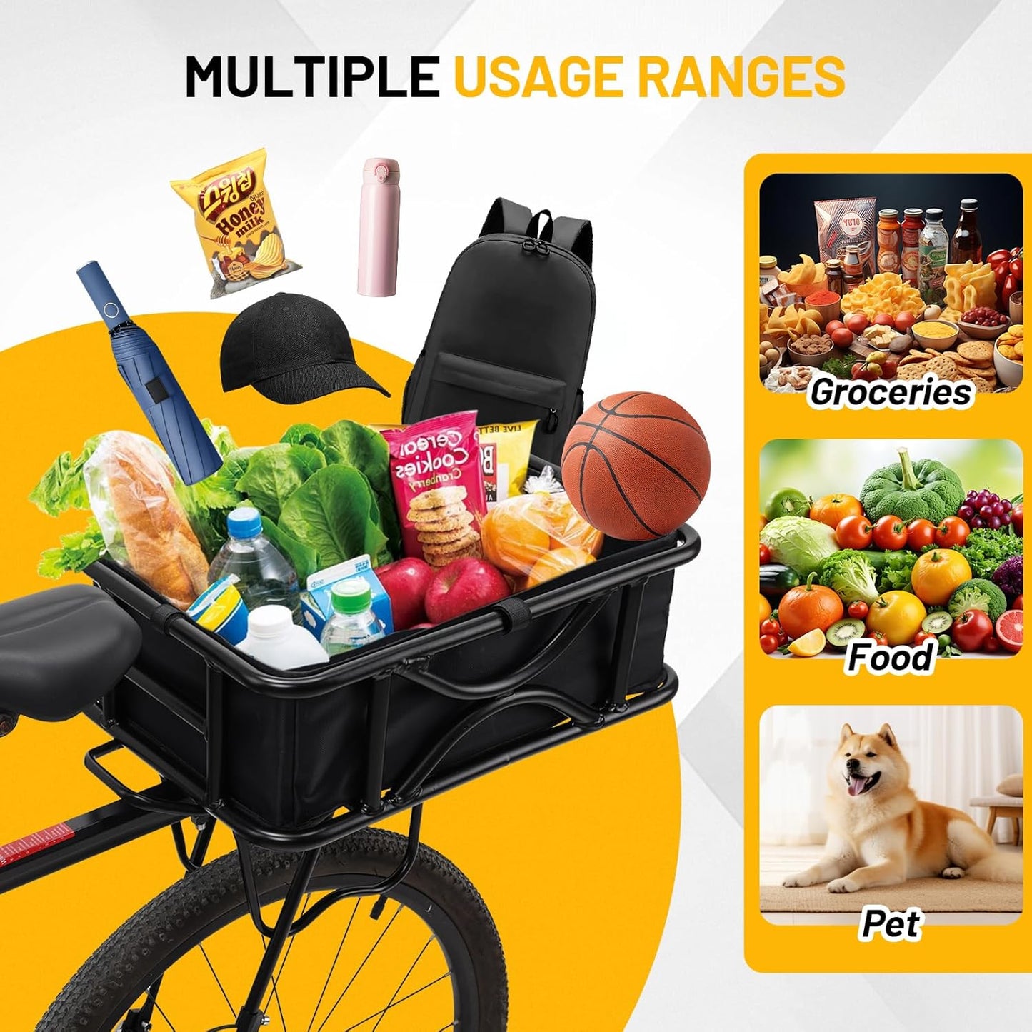 Heavy Duty Rear Bike Basket for Adults, Bicycle Cargo Basket with Removable Liner, Waterproof Cover & Cargo Net, Universal Fit for E-Bike, Mountain Bike, Dog Carrier