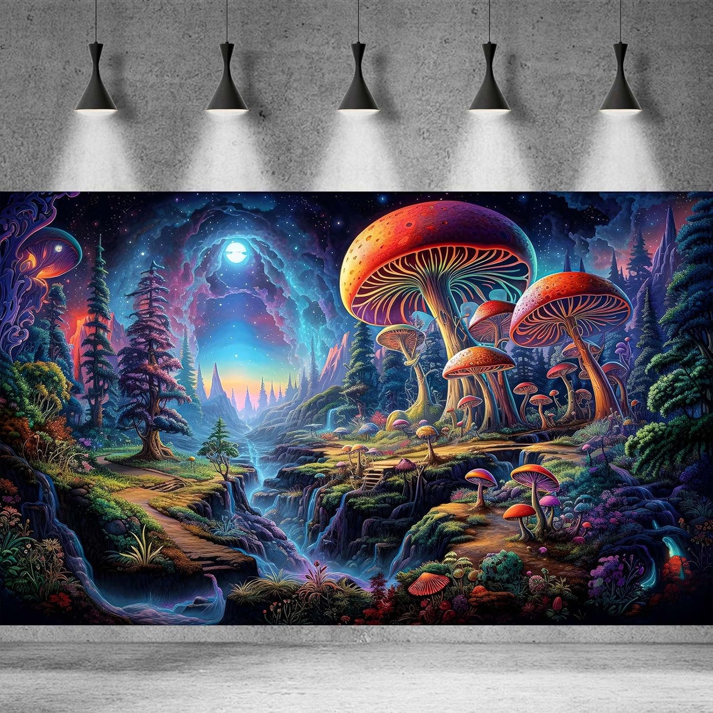 Forest Aquarium Background Fantastic Cartoon Forest Landscape with Mushrooms and Flowers Terrarium Background Fantasy Pine Tree Mysterious Mushroom Theme Fish Tank Backdrop Poster Decor 36x18in