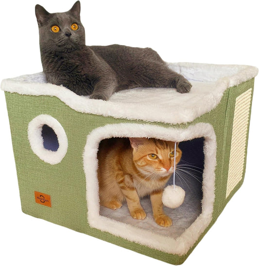 Cat Bed for Indoor Cats,Covered Cat Cave House & Furniture with Scratch Pad,Foldable Cat Hideaway Hut Cute Cat Condo with Soft Washable Mat for Multi Small Pet Under 30 lbs,Green