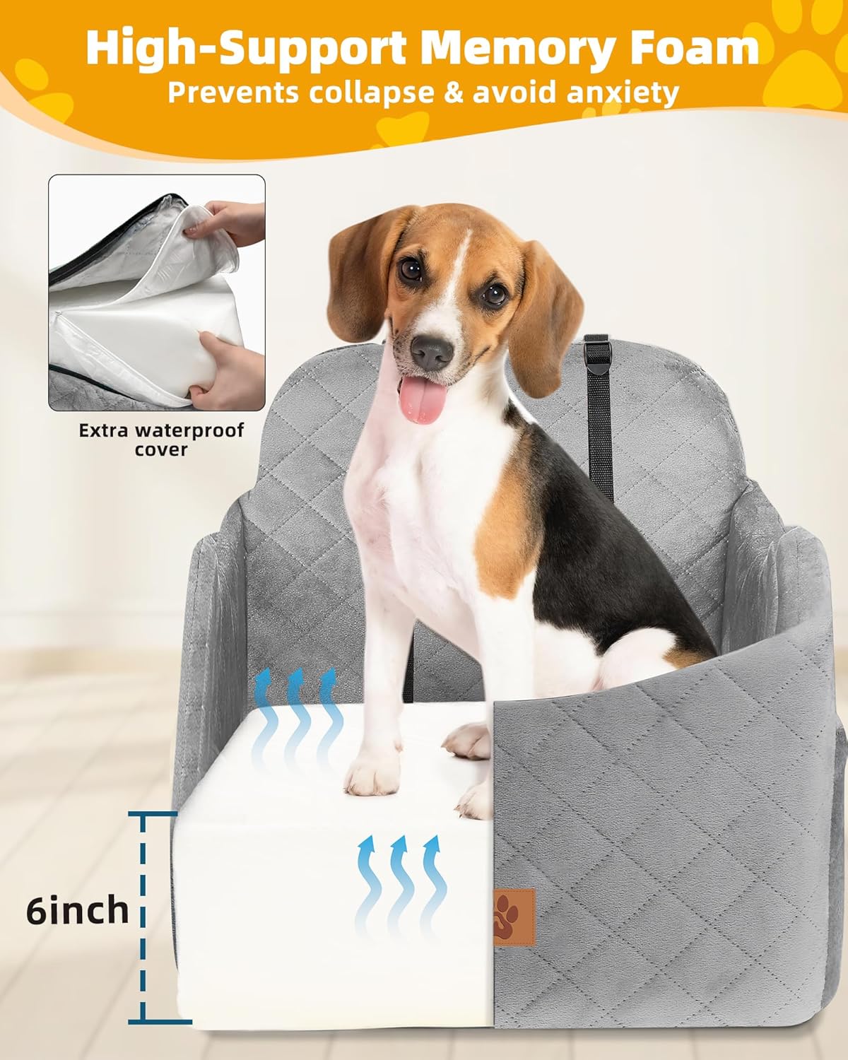 Car Seat Booster for Dog: High-Support Memory Foam Pet Car Seat for Small/Medium Dogs Under 35lbs with Elevated Cushion - Detachable Washable Puppy Travel Bed for Driving with Pockets (Grey)