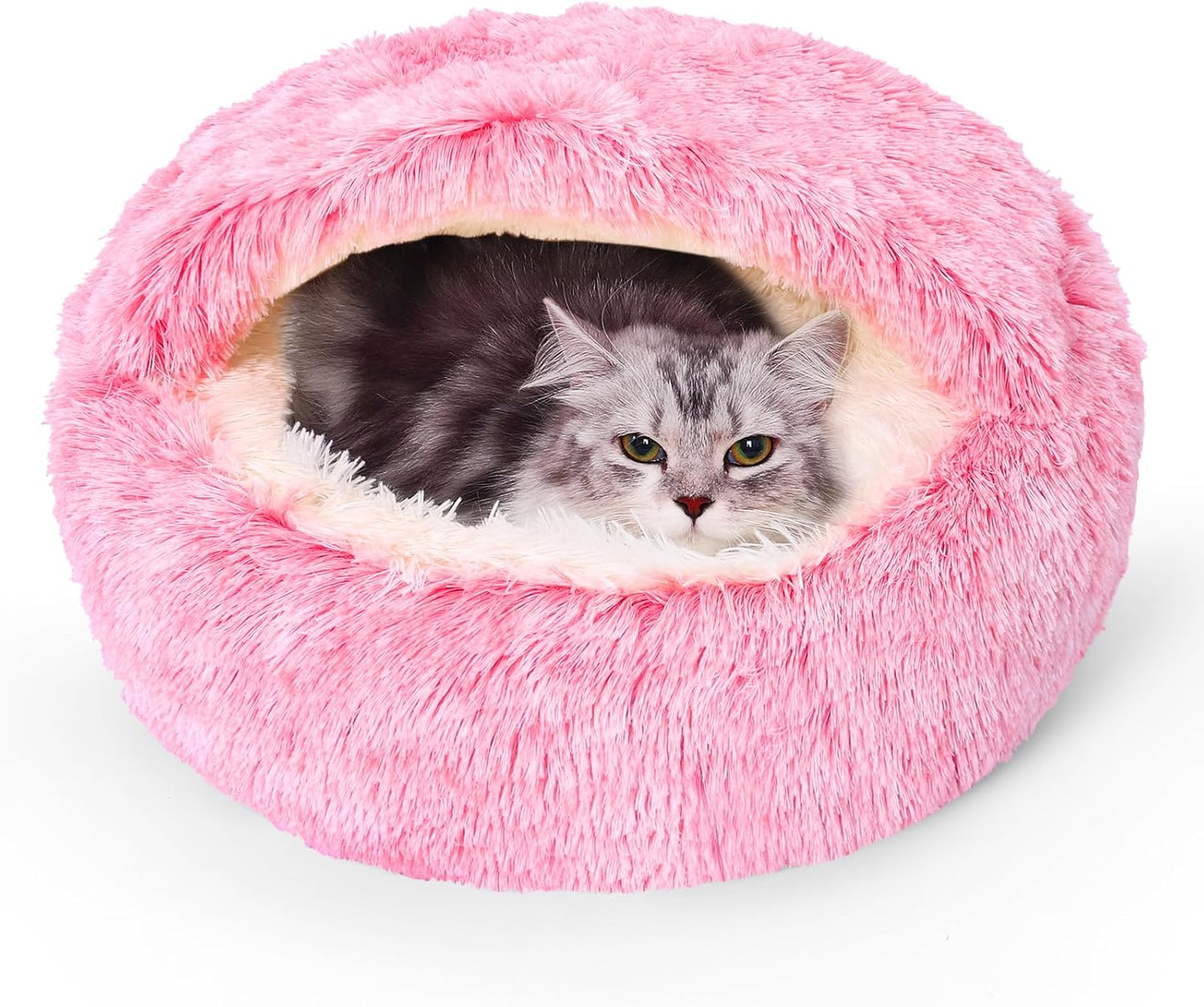Calming Dog Beds & Cat Cave Bed with Hooded Cover,Removable Washable Round Beds for Small Medium Pets,Anti-Slip Faux Fur Fluffy Coved Bed for Improved Sleep,Fits up to 15/25 lbs(Pink,S)